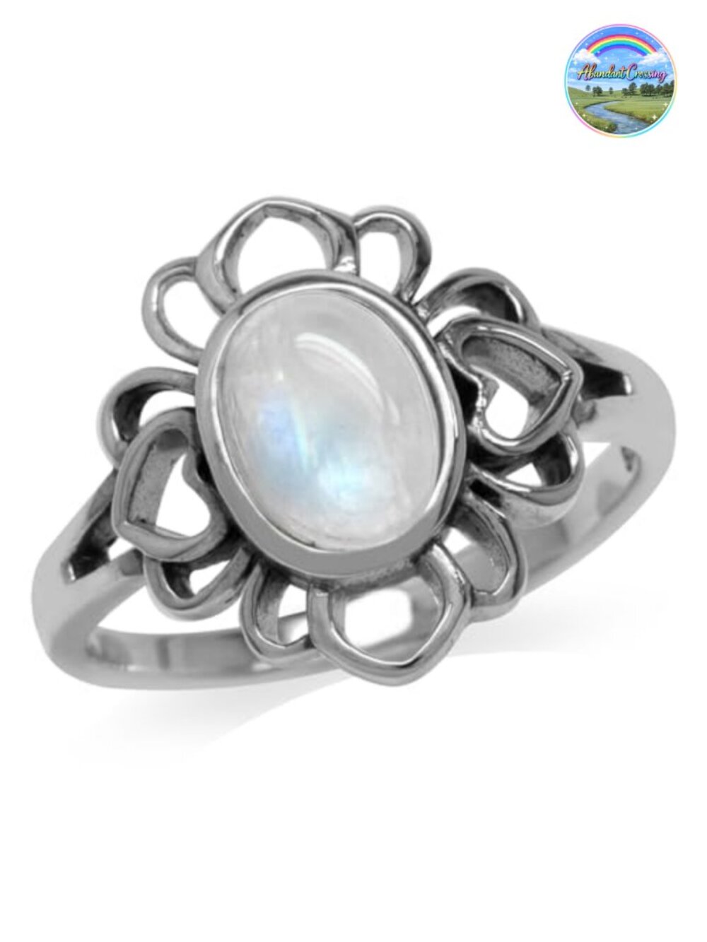 Natural Moonstone 925 Sterling Silver Filigree Flower Ring Size 7.5